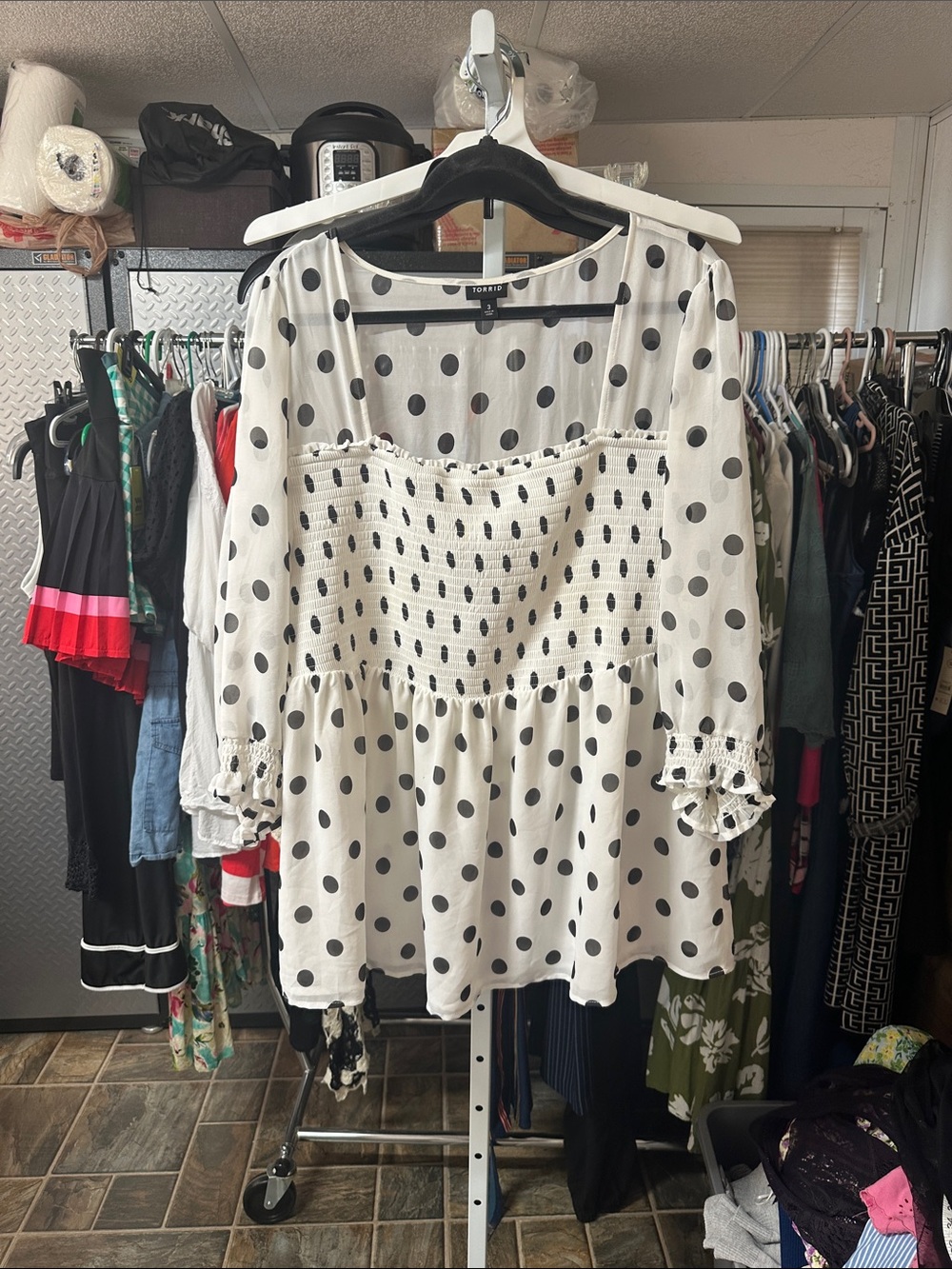 Torrd Polka Dot Smocked Peasant Blouse - White/Black